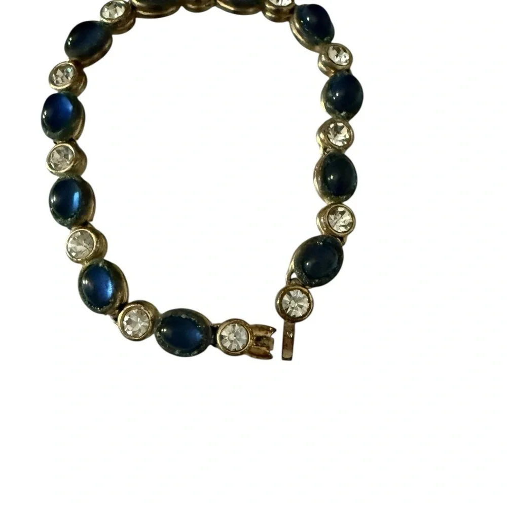 Vintage Cabochon Gold Plated Sapphire Colored  Crystals Tennis Bracelet